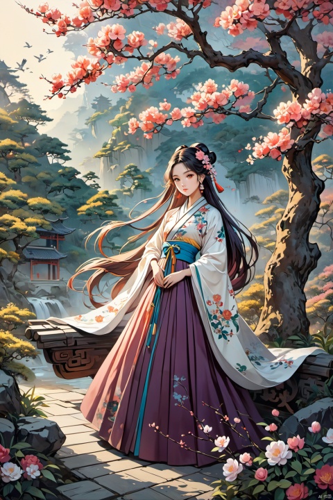  Masterpiece, best quality, 8K, cinematography, ultra-high resolution, Chinese painting, 1 girl, solo, mid chest, early morning, forest, peach and plum, headwear, colorful hair, floral hair, Chinese art, long skirt, Hanfu, Calf, stockings, whole body, extra long hair, floating hair, ribbons, upper body, Chinese clothing, flowers, sleeveless, flower earrings, flower branches,