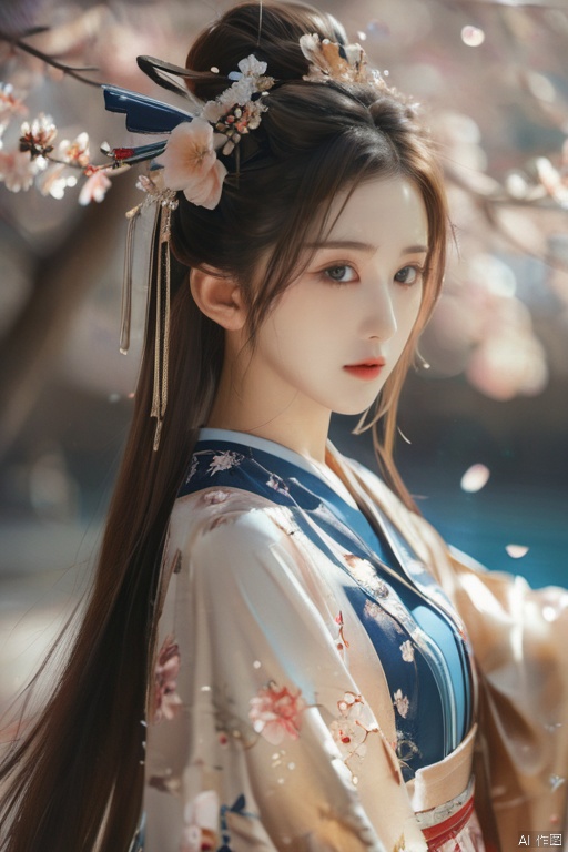  (((best quality))), ((ultra-detailed)), ((an extremely delicate and beautiful)), ((16k)), realistic, hd, cgi, gleaming hair, gleaming skin, gleaming clothes, flower background, watercolor, reflection, highlight and shadow, ray tracing, dynamic angle, 100+ cherry blossoms, scatter petals, vivid detailed floral pattern kimono, back shot, looking at viewer, asuna ba, light brown hair, blue eyes, very long hair, hair over one eyes, halo, white shirt, pleated skirt, blue bowtie, school uniform, highleg leotard, blue leotard, playboy bunny, fake animal ears, bunny ears, bow, detached collar, thighband pantyhose