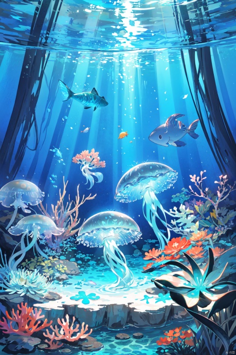 marine theme with natural elements. Tall mangroves, rich marine plants, glowing jellyfish, surrounded by schools of fish, glowing particle effects,, (marine plants), (ocean theme), ((luminous algae)), (coral), ((glowing jellyfish )), ((Glow Creatures in Seawater)), ((Sea Fire)), (((Particle Effect))), Isometric 3D, Octane Rendering, Ray Tracing, Super Detailed
