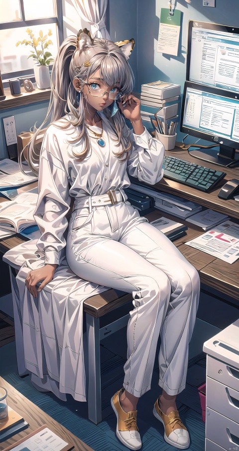 (female): solo, (perfect face), (detailed outfit), (20 years old), beautiful female, (tiger ears:1.2), content, calm, (crossed legs), auburn hair, long hair, ponytail hair, green eyes, (dark skin), large chest_circumference, (light blue business shirt, white coat), (grey business pants), (glasses), (hairpin), (necklace), (wristwatch)

(background): from above, indoor, office, desks, computers, windows, office supplies, afternoon, clear

(effects): (masterpiece), (best quality), (sharp focus), (depth of field), (high res), more_details:-1, more_details:0, more_details:0.5, more_details:1, more_details:1.5, tan, dark skin, more_details:-1, more_details:0, more_details:0.5, more_details:1, more_details:1.5, tan, dark skin