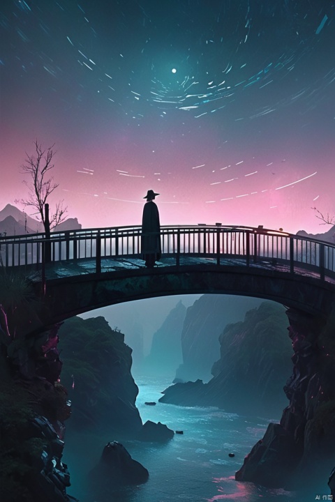 Movie poster,simple colors,cool tones,dark night,broken bridge,gloomy,suspenseful,style ethereal abstraction,illustration:,epic composition,HD details,masterpiece,best quality,(very detailed CG unified 8k wallpaper)