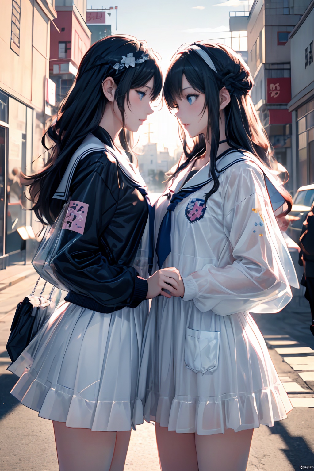 best quality masterpiece,8k,(detailed shoujo manga style:1.4),2girls,beautiful,absurdres,school uniform,yuri,serafuku,eye contact,school window sunset lighting