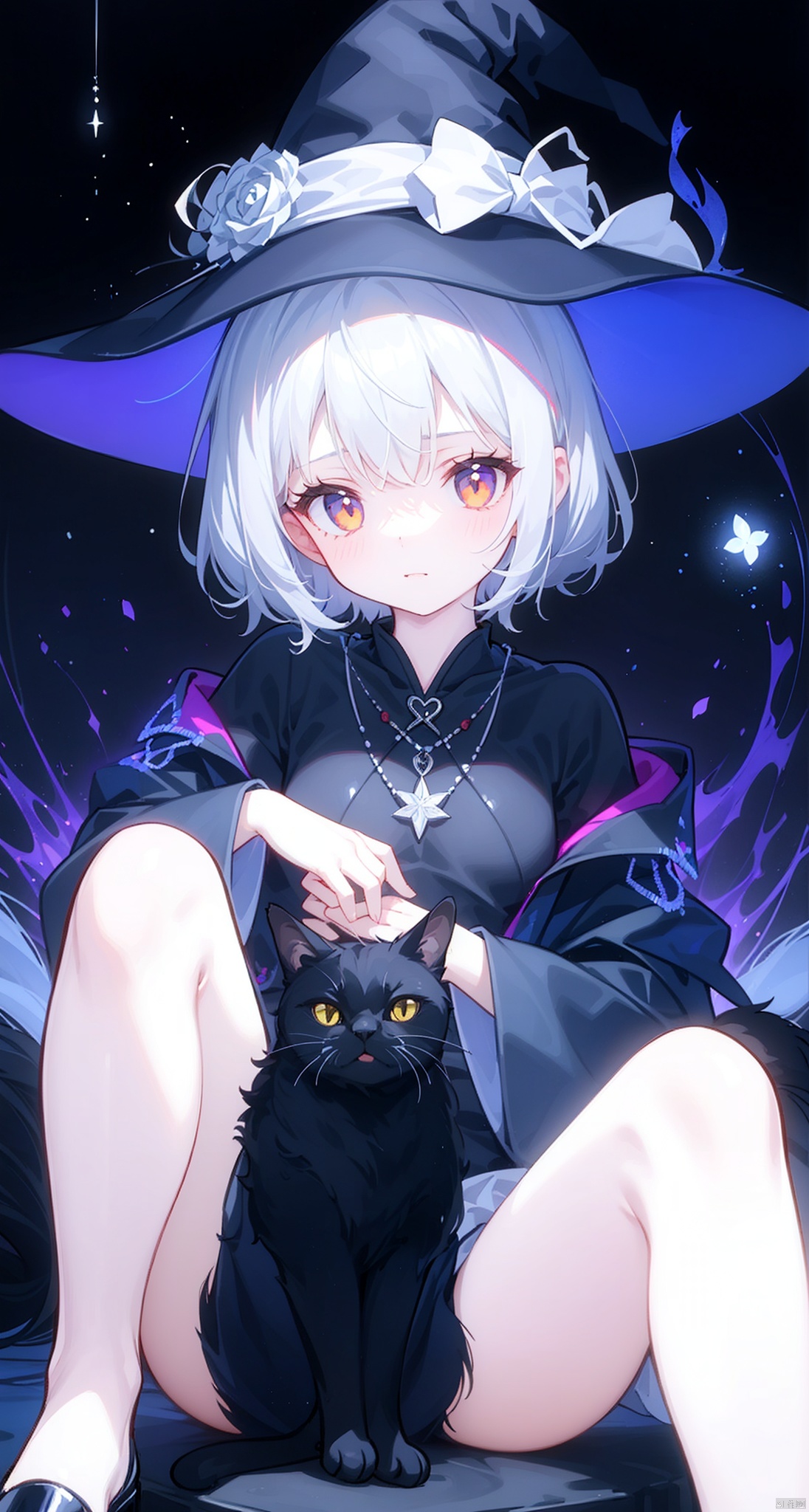 1girl ,Witch,Petting a black cat,Wearing a mysterious black necklace,At the secret base. Moreover,The witch is surrounded by a magical aura,Her skin shows pale and mysterious tones