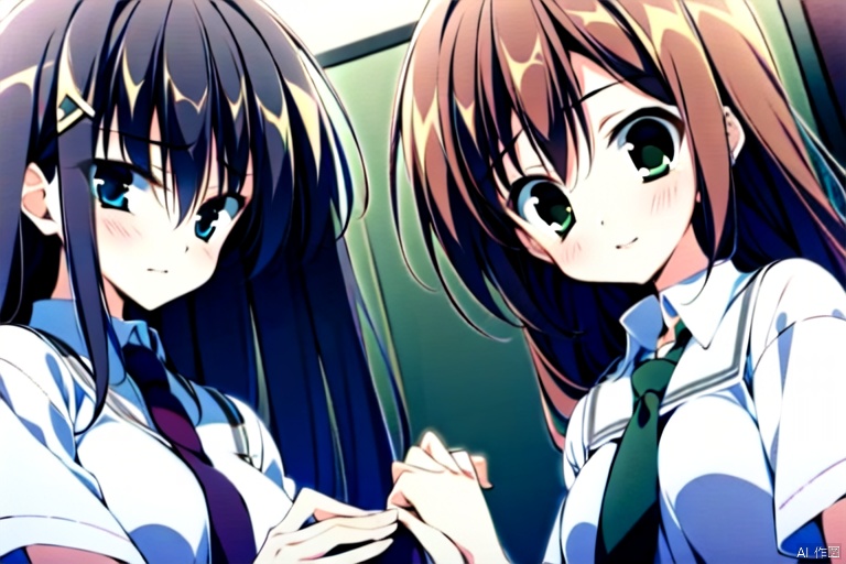  long hair, blue eyes, multiple girls, brown hair, black hair, dress, 2girls, school uniform, green eyes, necktie, day