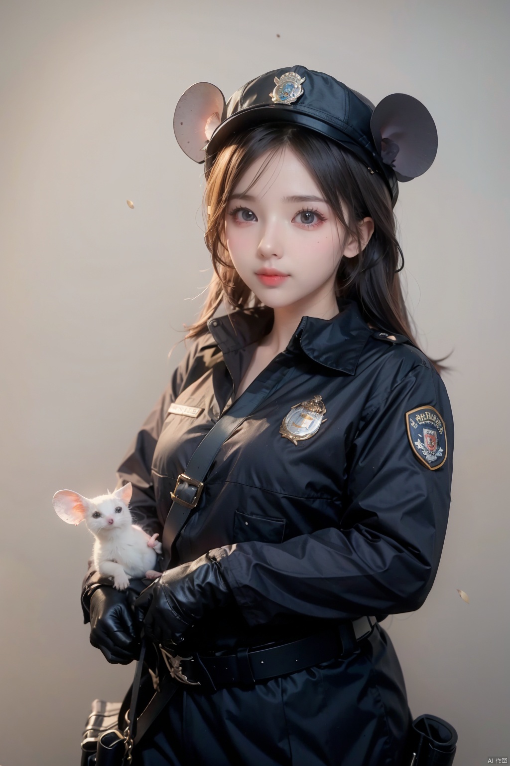 Imaginative concept art of a cute creature inspired by Lora, with the appearance of a mouse and dressed as a policeman. (CuteCreatures tag weighted at 0.9)