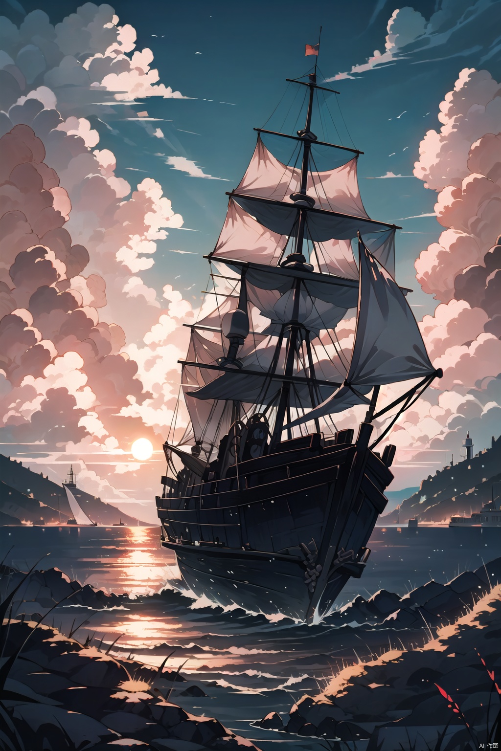 High-quality pirate ship,seascape,sunset,soft and warm colors,focal length on the ship,smoke,sails,fear in the eyes of the heroes,golden light,retro-futuristic filter