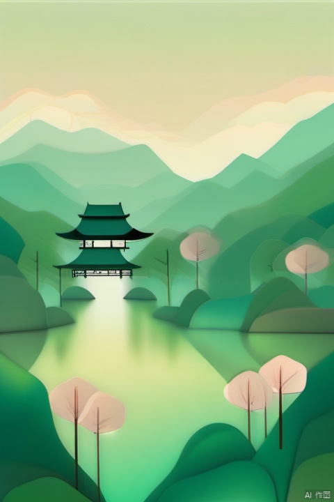 (Chinese landscape),abstract painting,Zen,Amy Sol style,Green trees,flowers,Chinese style architecture,cover art with light abstraction,simple vector art,contemporary Chinese art,color gradients,soft color palettes,layered forms,whimsical animation,style Ethereal abstract,4K
