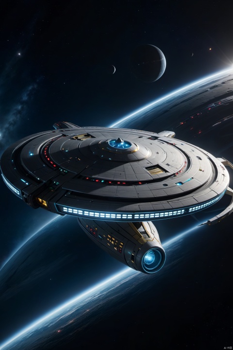 (masterpiece), (highres), (8k quality), (cinematic lighting), starship, star trek, enterprise D (star trek)
