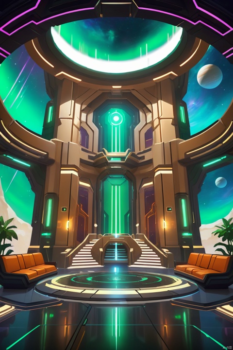  An illusory space portal to a distant interstellar fortress. Huge space stations floated in the void, with interstellar ships patrolling nearby. The interior of the fortress is filled with unknown technological devices and futuristic architecture. From the highest point of the star fortress, players can look down on the vastness and beauty of the galaxy，High quality, masterpiece, interior scene, cartoon game scene, luxury hotel lobby, luxury marble floor, white marble curtain wall, solid wood door, light wood furniture, leather sofa, lush green flower pot, rich details, movie lighting, 16K, game illustration