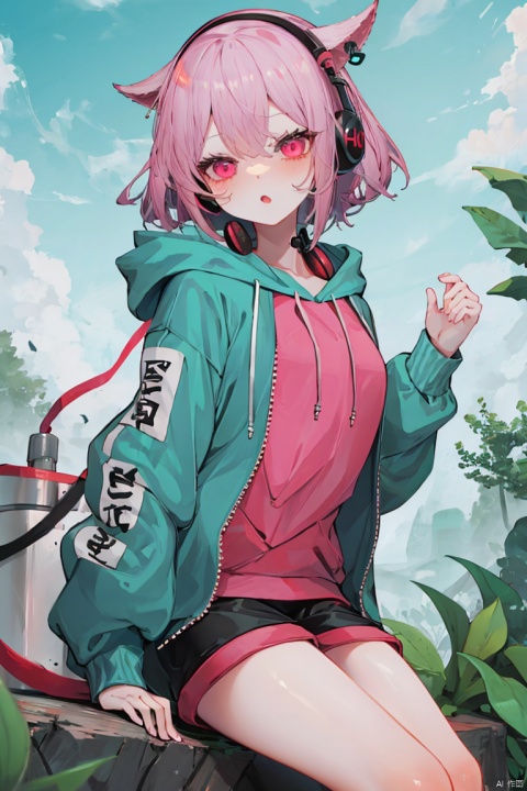 1 girl, teal hair, pink eyes, white hoodie, black shorts, outdoors, red headphones, more prism, vibrant color