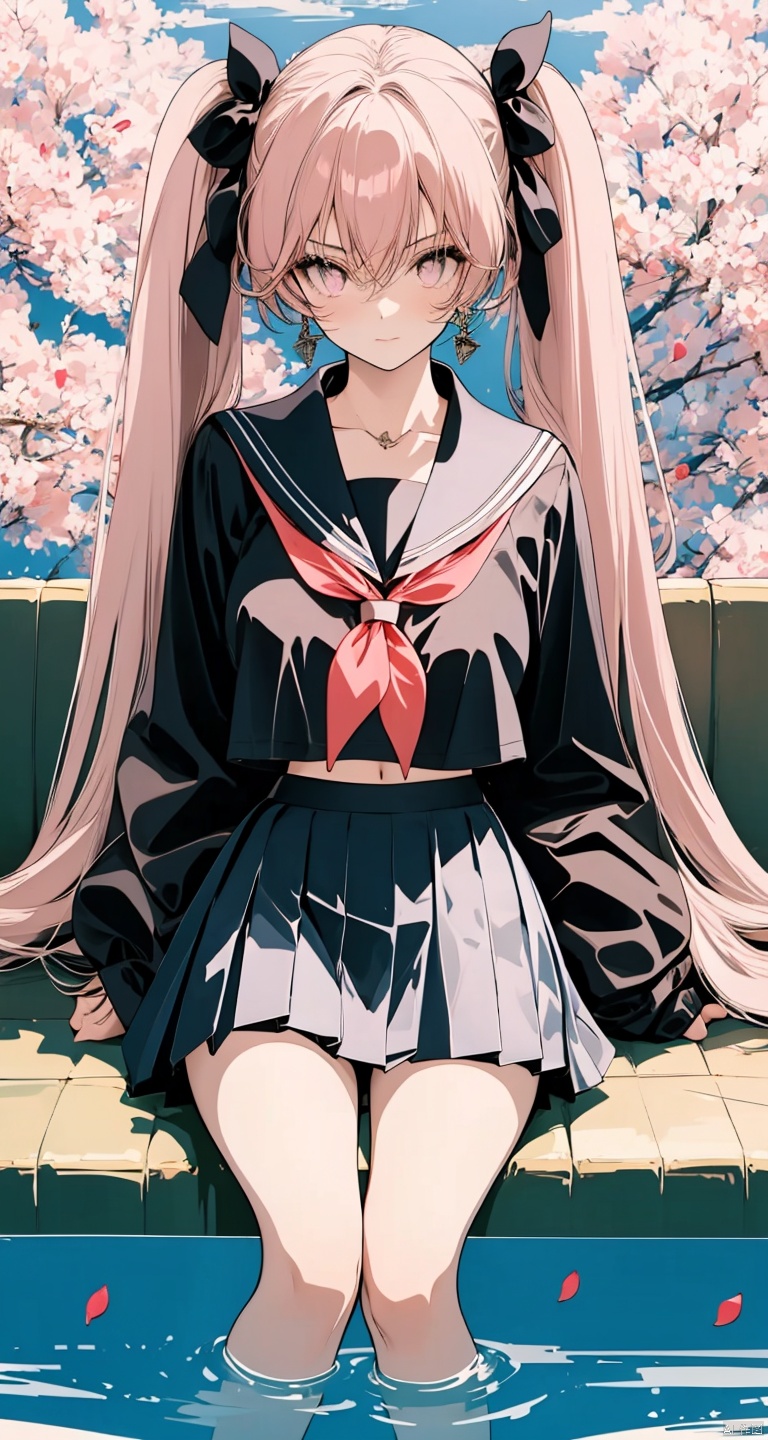  1girl, solo, long_hair, pink_hair, cherry_blossoms, skirt, very_long_hair, ripples, school_uniform, twintails, black_skirt, reflection, serafuku, from_above, neckerchief, shirt, pleated_skirt, pink_eyes, sailor_collar, long_sleeves, black_shirt, flower, black_serafuku, sitting, water, looking_up, bangs, looking_at_viewer, petals, closed_mouth, black_sailor_collar