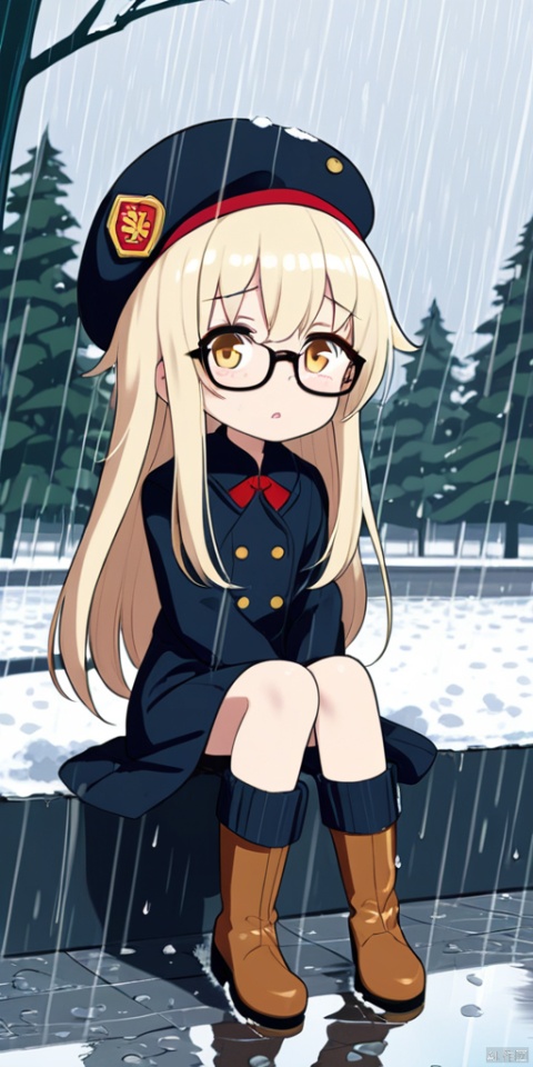  (masterpiece), (best quality),solo,1girl,long hair,beret,knee boots,winter,trees, rain, raindrops, Girl, glasses, dumbfounded expression, sitting, knee, ultra_detailed, (hyper_deformed:1.5), anime style