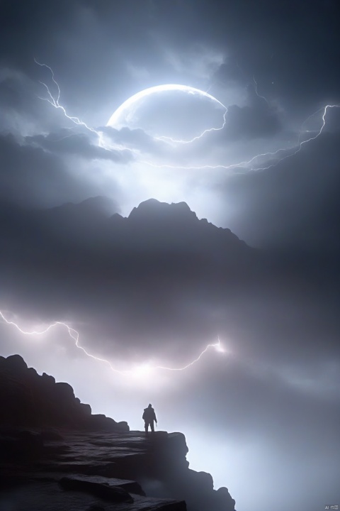  wabstyle, glowing, two-tone hair, glowing eyes, fog, mist, white, black, split theme, two-tone, moon, 1 girl, solo, glow, crie um prompt para criar imagens ilustrando Deus descendo no monte Sinal, quero imagen ultra realista e em 4k "Imagine an epic, ultra-realistic scene in 4K: Deus desce do Monte Sinai em meio a uma tempestade impressionante. The mountain is covered in lightning and dark clouds as lightning lights up the sky. God is surrounded by a divine aura, with flowing white beards and eyes that radiate wisdom and power. Its majestic figure slowly descends towards the earth, com um manto que parece feito de estrelas cintilantes. As he descends, The surrounding landscape is bathed in a heavenly light, And the people below look on with reverence and admiration.", (photorealistic:1.4), cowboy shot, Surrealism, Futurism, god rays, Sony FE GM, UHD, masterpiece, ccurate, high details, high quality, highres, 16k