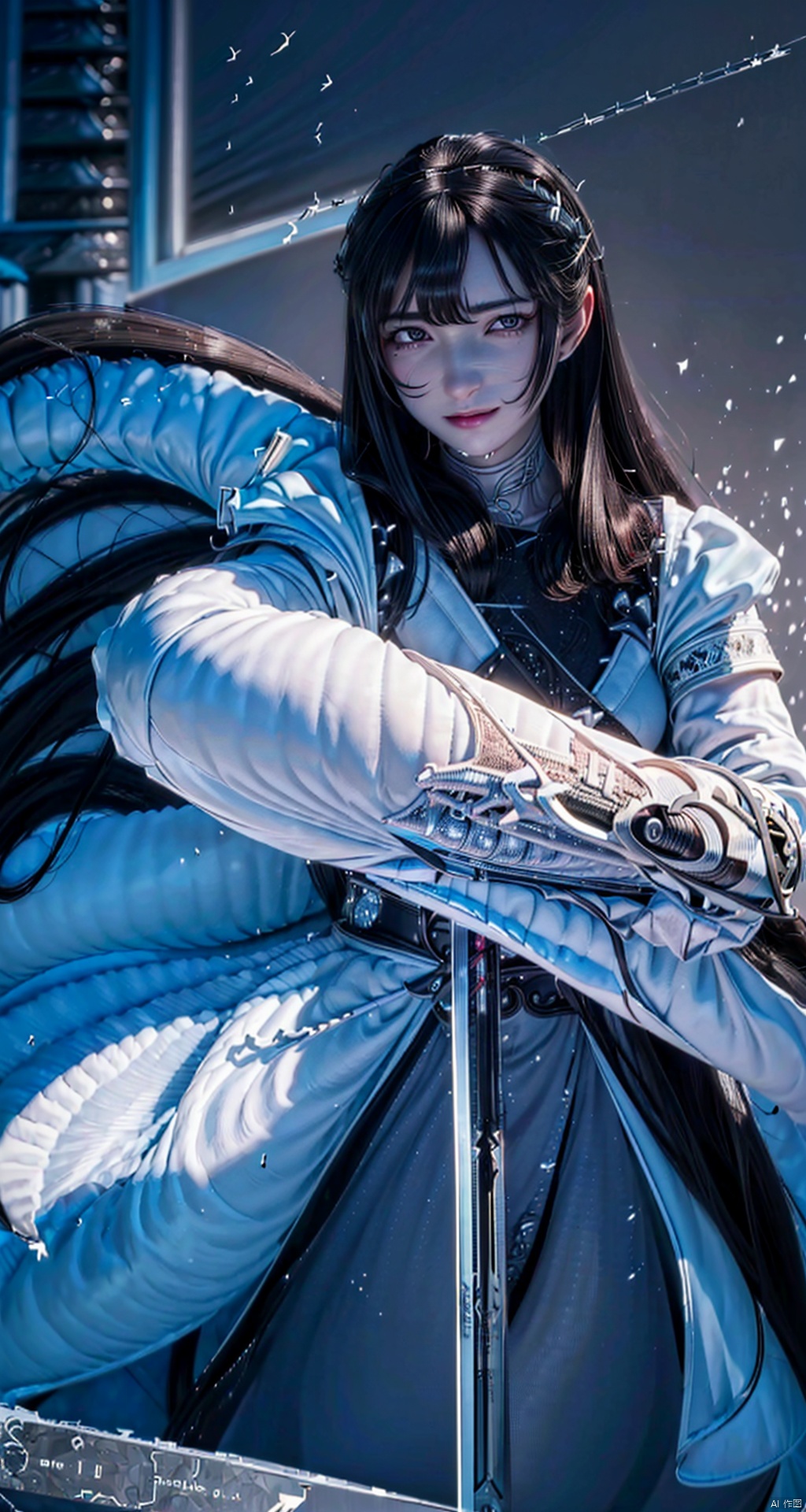 ( an extremely delicate and beautiful, ultra-detailed, perfect anatomy, ultra-detailed, beautiful detailed eyes, super detailed skin, high resolution, extremely detailed CG, unity 8k wallpaper, dynamic lighting, cinematic lighting, an extremely delicate and beautiful, textile shading, caustics, sharp focus, perfect hands, dynamic angle, dynamic angle, perfect hands, perfect fingers), (1female, black hair, long hair, sharp eyes:1.5, villain face, black eyes, white coat, holding ominous sword with both hands:2.0, thrusting her sword at viewer:2.0, stabbing her enemy:2.0, dynamic action:2.0), (total dark:2.0), (realistic ultra details), (realistic ultra details)