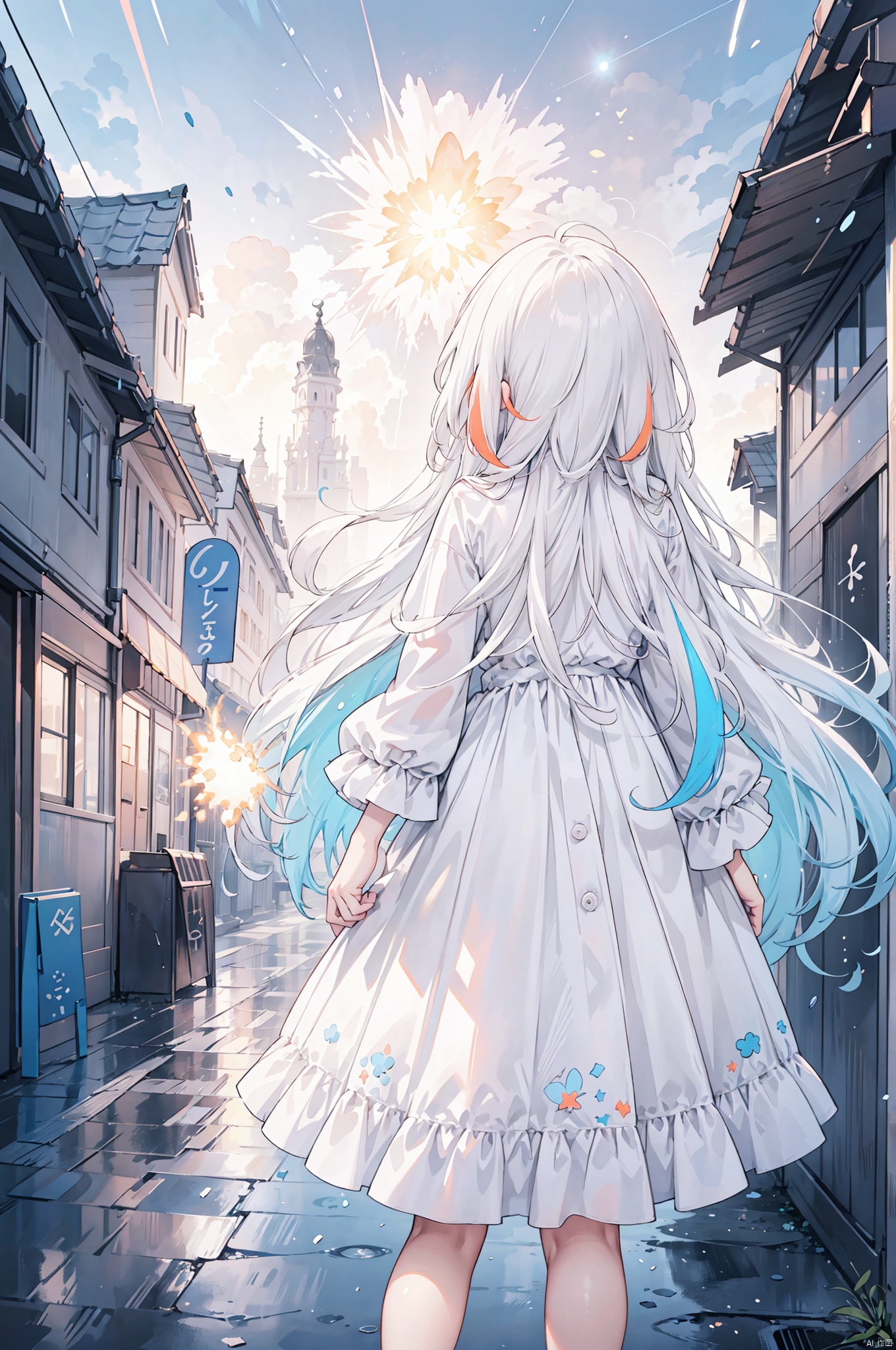 dark theme, highres, masterpiece, top quality, best quality, official art, (beautiful and aesthetic:1.2), (colorful:1.3), (1girl), standing, from behind, white hair, long messy hair, colorful inner hair, white collared dress, (moist skin), moon, (explosion of colors:1.4), fractal art, rain, night abandoned city, depth of field, dim lighting, dramatic