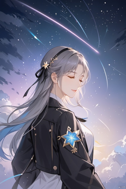  masterpiece,best quality,high quality,(colorful),[Artist sk (askzy)],[Artist wlop],firefly (honkai star rail), 1girl, solo, long hair, star (sky), sky, closed eyes, starry sky, black hairband, jacket, hairband, black jacket, white shirt, shooting star, shirt, ribbon, night sky, night, hair ribbon, smile, long sleeves, closed mouth, blue hair, cropped jacket, sidelocks, cloud, outdoors, floating hair, upper body, breasts, grey hair
