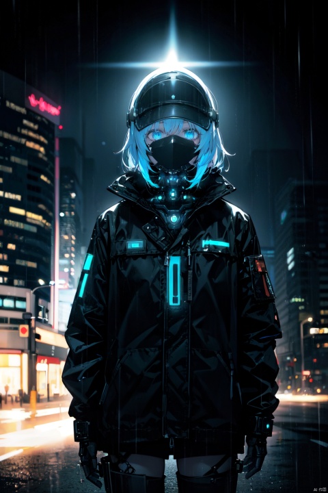 1girl,lady with cybernetic parts,glowing visor,short light blue hair,techwear,oversized black jacket,skyscraper outdoors,neon rim light,night,rain,volumetric lighting,realistic,cowboy shot