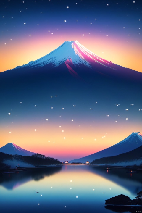  Gradient style illustration, illustration, starry sky, a Mt. Fuji, surrounded by lakes, birds, sunlight, flying snow