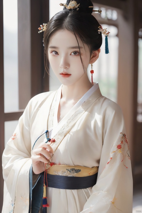  1.3, Masterpiece, Highest Quality, High Resolution, Details: 1.2, 1 Girl, Bun, Hairpin, Beautiful Face, Delicate Eyes, Tassel Earrings, Necklaces, Bracelets, Hanfu, Su Embroidered Hanfu, Streamers, Ribbons, Elegant Stand Posture, Aesthetics, Movie Lighting, Ray Tracing, Depth of Field, Layering,Fluttering, Hanfu, qingsha
Negative Prompt：ugly, tiling, poorly drawn hands, poorly drawn feet, poorly drawn face, out of frame, extra limbs, disfigured, deformed, body out of frame, bad anatomy, watermark, signature, cut off, low contrast, underexposed, overexposed, bad art, beginner, *******, distorted face