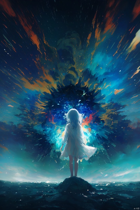 dark theme, highres, masterpiece, top quality, best quality, official art, (beautiful and aesthetic:1.2), (colorful:1.3), (1girl), standing, from behind, white hair, long messy hair, colorful inner hair, white collared dress, (moist skin), moon, (explosion of colors:1.4), fractal art, rain, night abandoned city, depth of field, dim lighting, dramatic