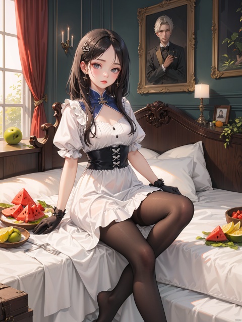  A woman in white dress sits on the bed with a butterfly on her arm, a detailed painting, Fan Qi, soft lighting, fantasy, Kikukawa Yingzan, sots art, rococo, with long hair and blue gloves, sitting cross-legged on the bed, Du Qiong, pantyhose，A fruit plate with dragon fruit slices, blueberries, orange segments, watermelon, kiwi and strawberries, super realistic food pictures,, Randy Post, hyper realistic &quot;, hyper realistic&quot;, high res photo