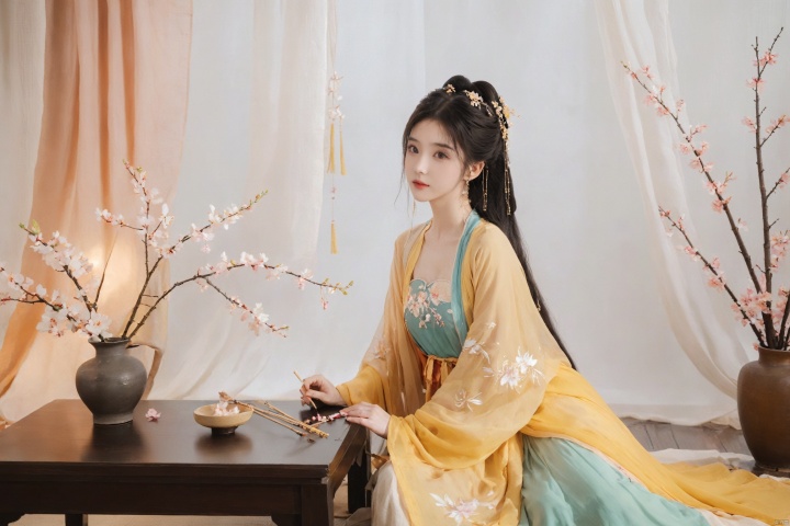  1girl, solo, black long hair, delicate face, shame expression, Hairpins, diamond necklace, hair ornament, long dress, full body, flower, earrings, indoors, hair bun, light yellow dress,(Tube top Hanfu long skirt:1.1), perfect hand, night, chinese clothes, table, branch,daxiushan, ,daxiushan style,(huge breasts:1.6), (full breasts), realistic,hanfu, daxiushan,Shoulders are exposed, daxiushan, arien_hanfu