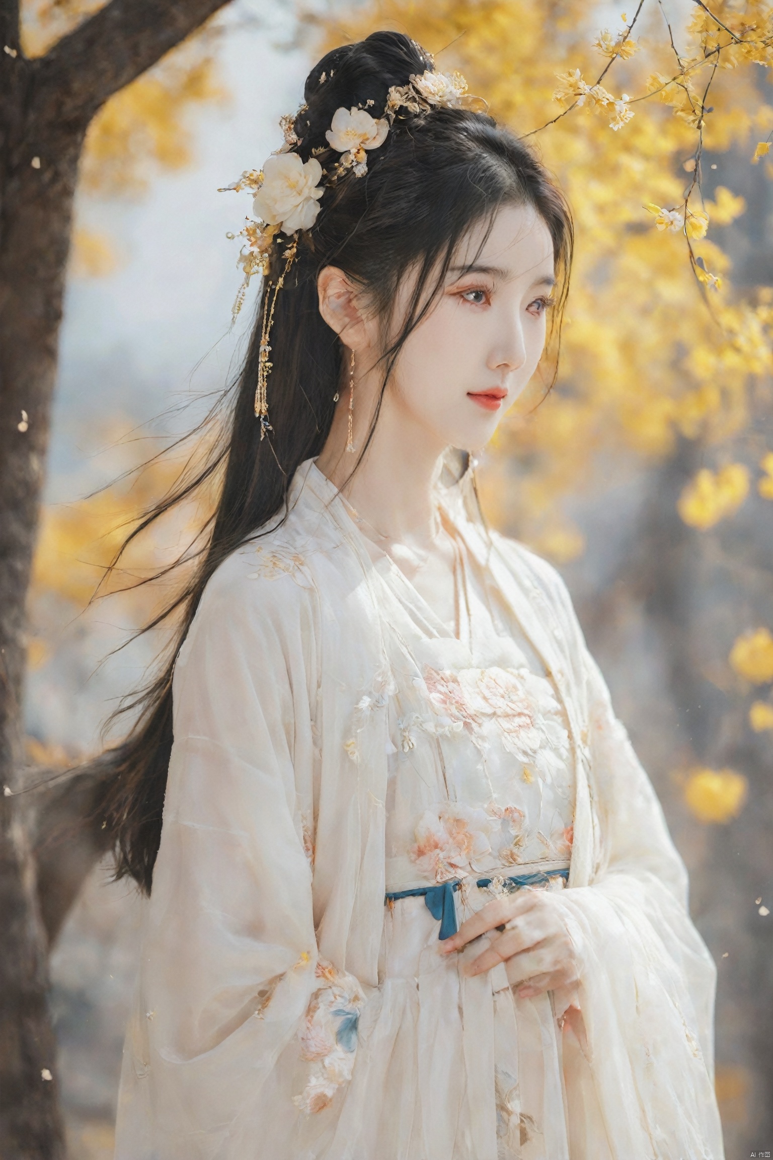  best quality, masterpiece,cowboy_shot,(Good structure),,a girl,xianjing,Off-the-shoulder, bust photo,upper body,Hanfu, Cloud, Smoke,branch,flower, smile,Gaze at the audience, Ink scattering_Chinese style, ((poakl)), ,looking_at_viewer,kind smile, , chinese dress,white dress, liuyifei,long_hair