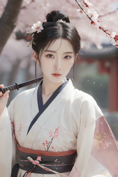 Sakura,upper_body,1girl,weapon,sword,black hair,petals,cherry blossoms,long hair,chinese clothes,blurry,hair bun,hair ornament,holding weapon,looking at viewer,holding sword,holding,long sleeves,facial mark,single hair bun,flower, outdoors,best quality,masterpiece,illustration,an extremely delicate and beautiful,CG,unity,8k wallpaper,Amazing,finely detail,masterpiece,official art,extremely detailed CG unity 8k wallpaper,incredibly absurdres,huge filesize,ultra-detailed,highres,extremely detailed,beautiful detailed girl,realistic,