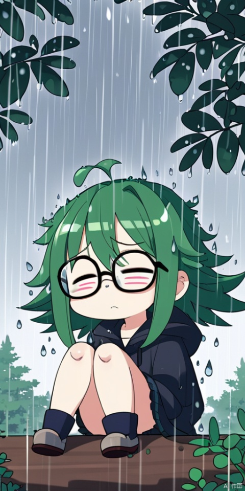 trees, rain, raindrops, Girl, glasses, dumbfounded expression, sitting, knee, ultra_detailed, (hyper_deformed:1.5), anime style
