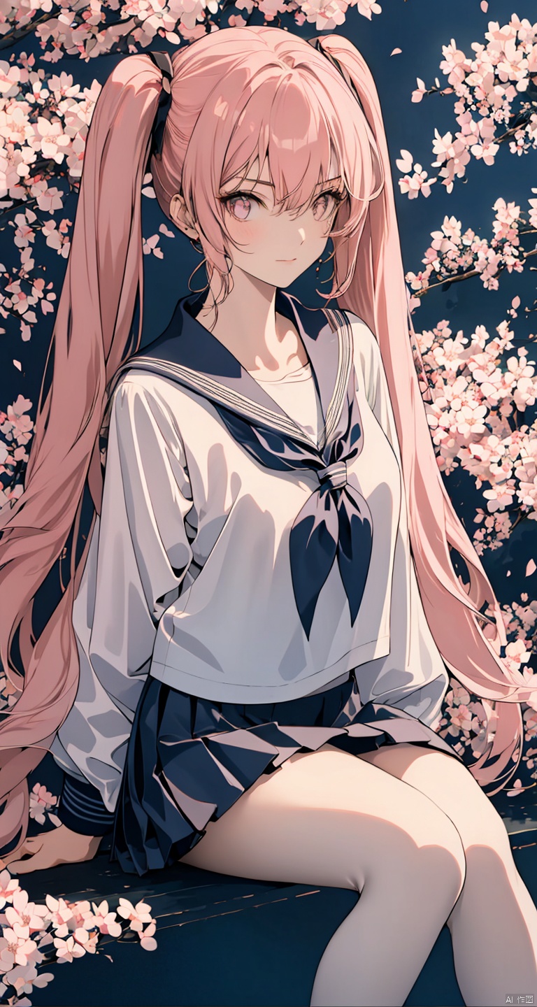  1girl, solo, long_hair, pink_hair, cherry_blossoms, skirt, very_long_hair, ripples, school_uniform, twintails, black_skirt, reflection, serafuku, from_above, neckerchief, shirt, pleated_skirt, pink_eyes, sailor_collar, long_sleeves, black_shirt, flower, black_serafuku, sitting, water, looking_up, bangs, looking_at_viewer, petals, closed_mouth, black_sailor_collar