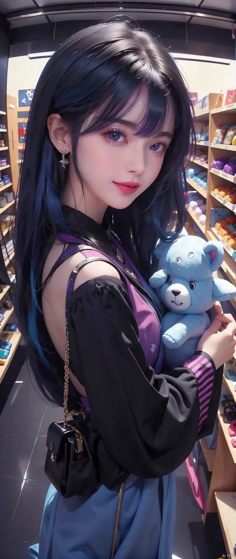  masterpiece,best quality,(colorful:1.4),from above,solo,1girl standing in a store with lots of stuffed animals on the shelves and a bag of stuff,black and blue hair color,purple eyes,smiling,depth of field,fisheye lens