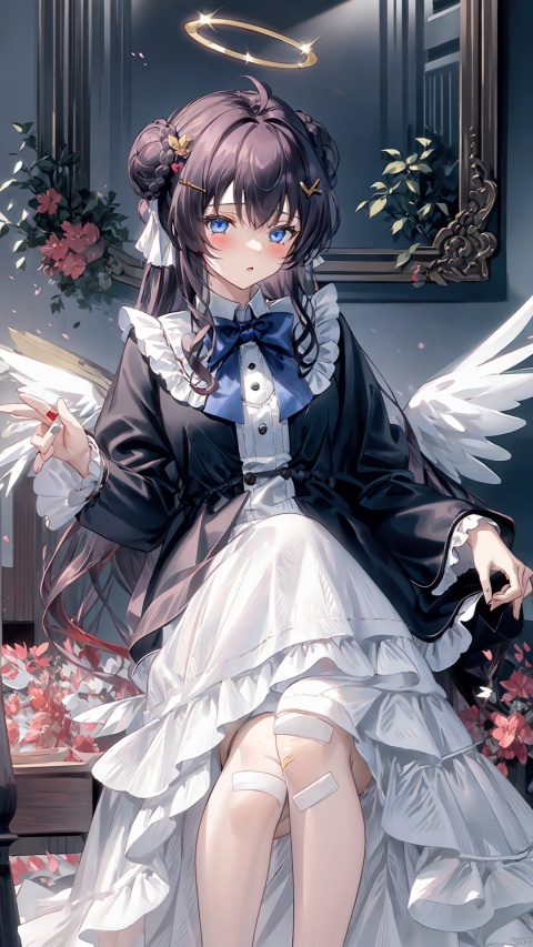  1girl, solo, long hair, looking at viewer, blush, bangs, blue eyes, black hair, hair ornament, long sleeves, dress, bow, ribbon, holding, jewelry, sitting, very long hair, braid, hair bow, heart, earrings, frills, parted lips, food, wings, hairclip, striped, hair bun, star \(symbol\), white dress, cup, double bun, feet out of frame, halo, blue bow, piercing, stuffed toy, frilled dress, stuffed animal, bug, white bow, butterfly, ear piercing, bandaid, holding cup, knees up, lolita fashion, angel wings, heart hair ornament, holding stuffed toy, bandaid on leg