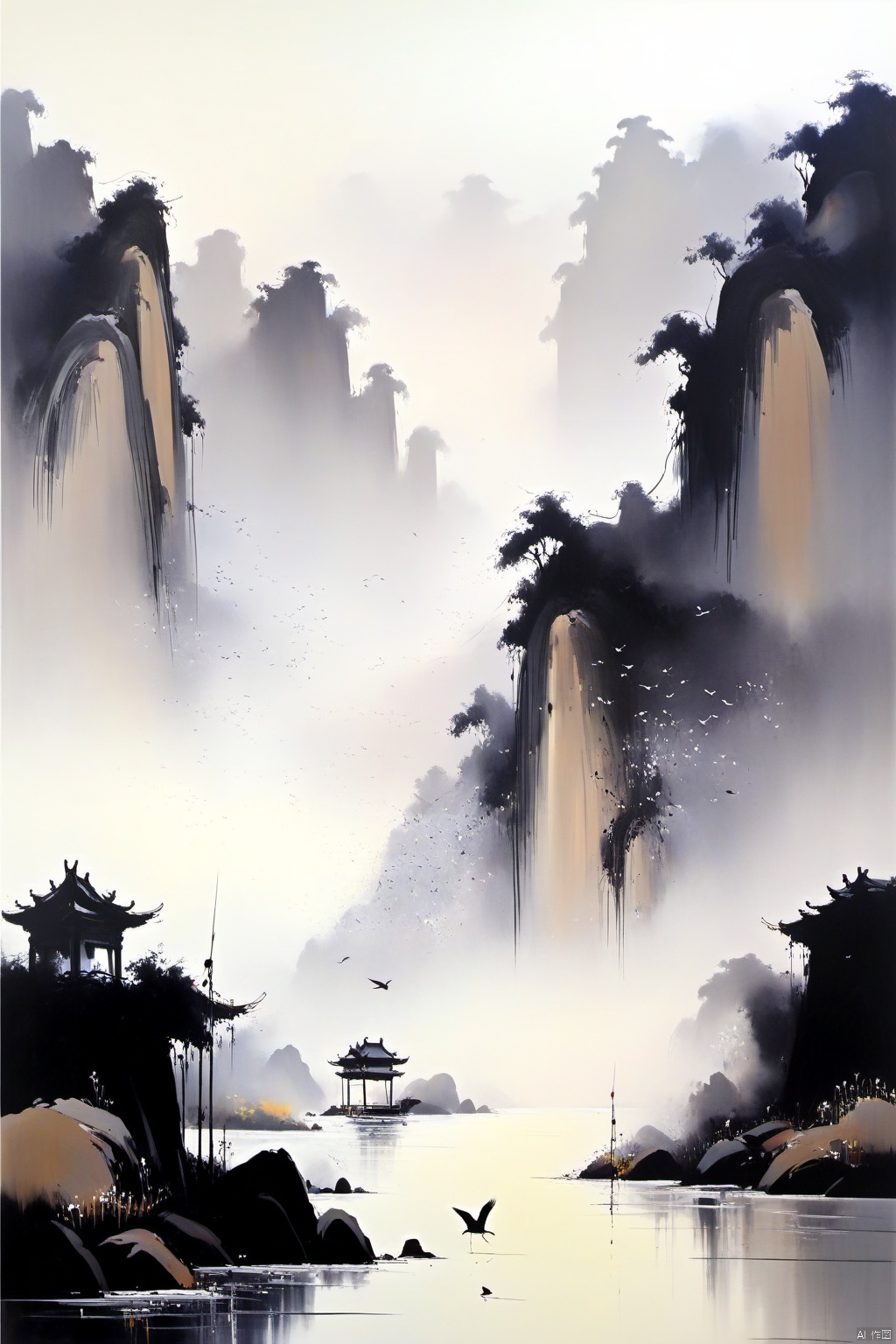  Wu Guanzhong paints a picture, the painting depicts a crane, dancing in the bamboo thickets, full compliance with the style of Wu Guanzhong, combining traditional Chinese ink painting techniques with Western painting concepts, unique visual effects using color and lines, (best quality, perfect masterpiece, byyue, Representative work, official art, Professional, high details, Ultra intricate detailed:1.3)