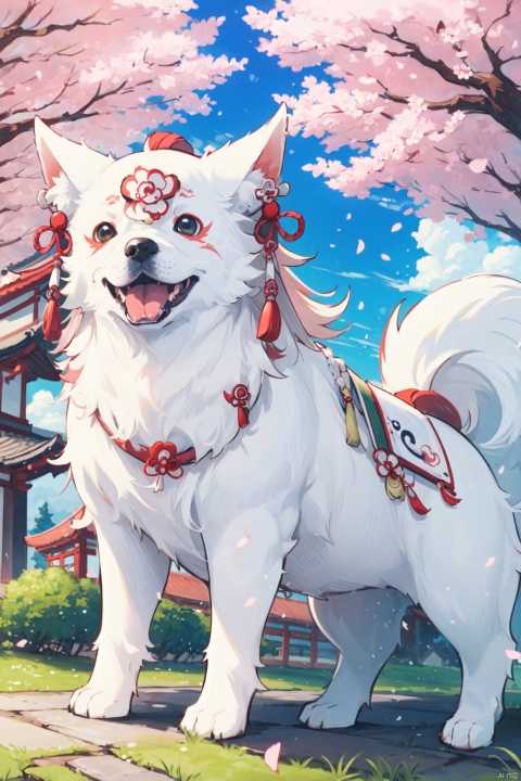 (Okami dog:1.2), front of a mega cherryblossom tree, mega structure, amazing bloomed tree, flower petal wind, insanely detailed
