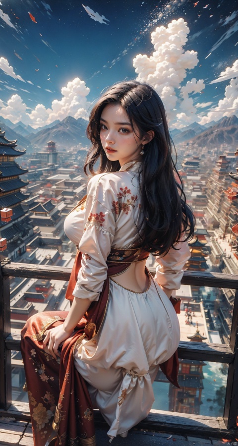  (Masterpiece: 1.2), the best quality, 1 girl, solo, whole body, white hanfu, black hair, long hair, detailed facial features, black eyes, sitting on the fence, back, red cloak, ancient temple, leap, polar Panorama, surrounded by Chinoiserie architecture, blue sky, cloud, wide-angle lens, fish eye, (black hair: 1.2), character focus, detailed ancient Chinese architecture, ultra fine, Beautiful, realistic, epic scene, high-rise building, (masterpiece), (best quality), POV from below