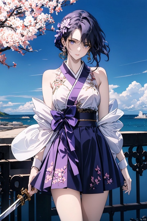 1girl, purple hair, dark purple hair, purple clip on hair, wearing Japanese clothes, Japanese clothes, purple and white Japanese clothes, holding a sword, holding a purple shiny sword, glowing purple sword, Japanese type sword, background charry blossom trees, beautiful pinkish charry blossom trees, dark purple sky, look at the view, lora:more_details:0.5, vibrant colors, masterpiece, sharp focus, best quality, depth of field, cinematic lighting, lora:more_details:0.5