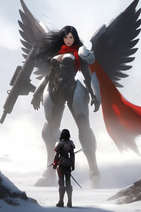 full body, large woman, long legs, long black hair, red scarf, soldier, scifi, robot, wings, black hair, black armor, heavy white armor, lance, white background