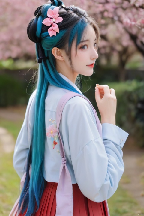 Long hair, light blue hair, pink streaks of hair, space bun hairstyle, flower hairpin, blue eyes, long-sleeve, button-up white shirt, a gray jacket with blue-green stripes, a red bow, dark blue-green pleated skirt, school background, add_detail:1, add_detail:0, add_detail:0.5