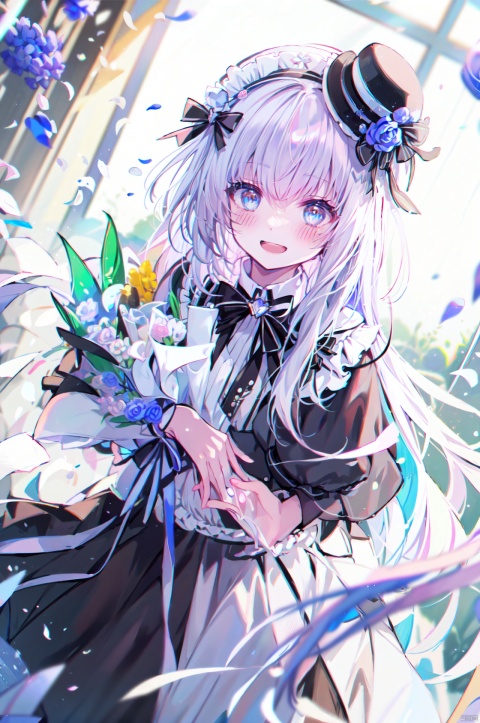  (best quality), (masterpiece), 1girl, solo, flower, hat, rose, long hair, blue flower, smile, blue eyes, bangs, tilted headwear, very long hair, blue rose, black bow, black headwear, bouquet, blush, looking at viewer, holding, :d, white hair, bow, hair bow, frills, dress, open mouth, virtual youtuber, holding bouquet, short sleeves, upper teeth only, maid headdress, hand up, petals, teeth, black dress, mini hat,cartoon of a mostly white tabby cat with yellow eyes