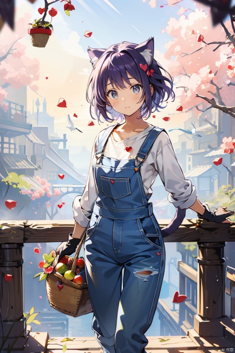 (female): solo, (perfect face), (detailed outfit), (20 years old), (chibi), (((heart:1.3))), fruit farmer, (cat ears:1.2), happy, smiling, (dancing), purple hair, short hair, bob cut hair, green eyes, light skin, (denim overalls), (rubber boots), straw hat, (basket of fruits), (gardening gloves)

(background): from front, outdoor, orchard, (fruit trees), (ladder), (baskets), (birds), morning, sunny

(effects): (masterpiece), (best quality), (sharp focus), (depth of field), (high res), more_details:-1, more_details:0, more_details:0.5, more_details:1, more_details:1.5