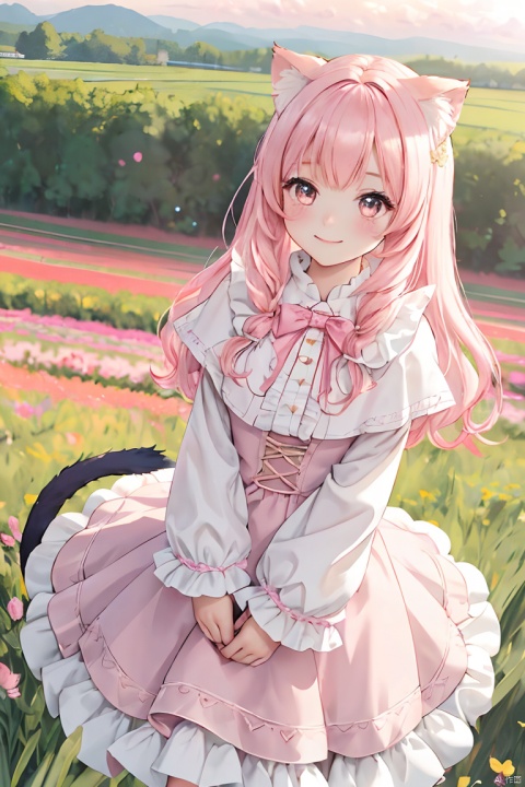1girl, solo, peasant girl, cat ear, cattail, long sleeve, capelet, ribbon, pink hair, (frills:1.1), lace, Amber eyes, cute, kawaii, looking at viewer, standing, illustration, shy, smile, holding a heart shape box, Arms in front, magic fantasy style, from above, (pink tone:1.1), (red tone:1.1), (light red theme:1.1), outdoor, Flower field, detailed landscapes, lens flare, halation, Deep depth of field, (intricate:1.3),