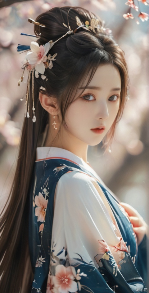 (((best quality))), ((ultra-detailed)), ((an extremely delicate and beautiful)), ((16k)), realistic, hd, cgi, gleaming hair, gleaming skin, gleaming clothes, flower background, watercolor, reflection, highlight and shadow, ray tracing, dynamic angle, 100+ cherry blossoms, scatter petals, vivid detailed floral pattern kimono, back shot, looking at viewer, asuna ba, light brown hair, blue eyes, very long hair, hair over one eyes, halo, white shirt, pleated skirt, blue bowtie, school uniform, highleg leotard, blue leotard, playboy bunny, fake animal ears, bunny ears, bow, detached collar, thighband pantyhose