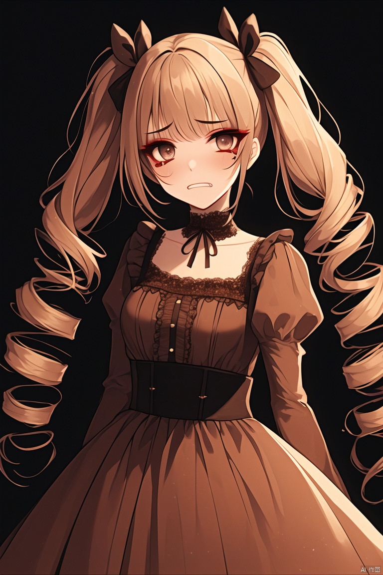 woman, solo, long hair, solo, twin-tails, drill hair, twin drills, baroque dress, ((sad)), evil grin, ((eye makeup))