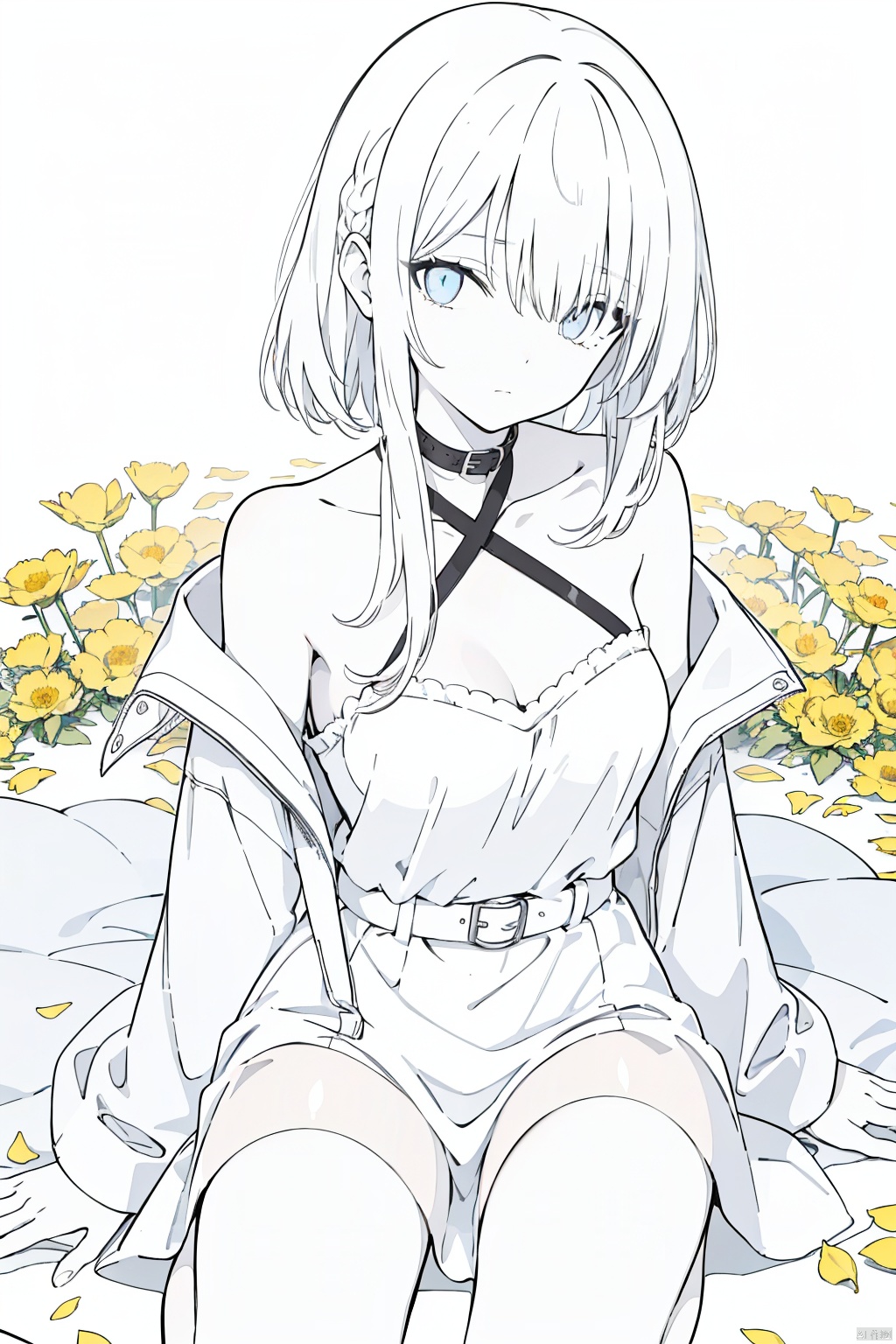  1girl, blue eyes, white long translucent night gown, expressionless, (white hair), hair cover one eye, long hair, blue hair flower, kneeling on lake, blood, (plenty of yellow petals:1.35), (white background:1.5), (English text), greyscale, monochrome,greyscale,monochrome,sketch,1 woman.blunt bangscut braid hair.(photorealstic  face).(ultradetailed:1.4).16K.bustshot.black and white  sequins front open off shoulder.redeyeliner.blackeyeshadow.bestquality.musterpiece.red neckbelt.