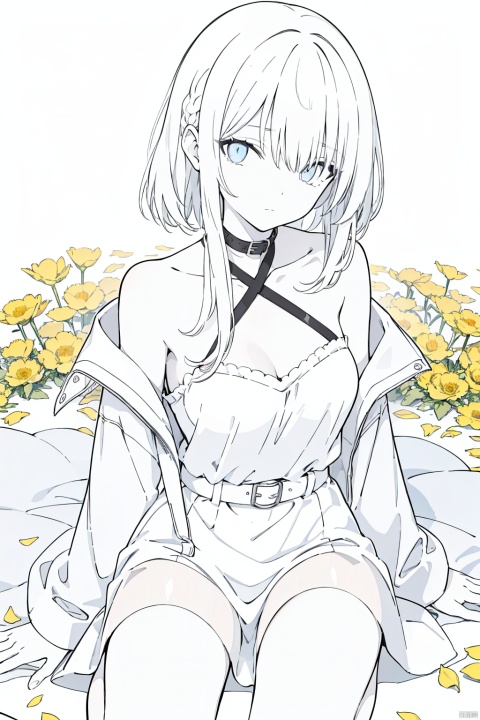  1girl, blue eyes, white long translucent night gown, expressionless, (white hair), hair cover one eye, long hair, blue hair flower, kneeling on lake, blood, (plenty of yellow petals:1.35), (white background:1.5), (English text), greyscale, monochrome,greyscale,monochrome,sketch,1 woman.blunt bangscut braid hair.(photorealstic  face).(ultradetailed:1.4).16K.bustshot.black and white  sequins front open off shoulder.redeyeliner.blackeyeshadow.bestquality.musterpiece.red neckbelt.