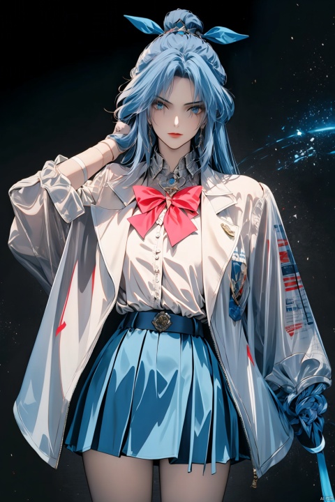  Long hair, light blue hair, pink streaks of hair, space bun hairstyle, flower hairpin, blue eyes, long-sleeve, button-up white shirt, a gray jacket with blue-green stripes, a red bow, dark blue-green pleated skirt, school background, add_detail:1, add_detail:0, add_detail:0.5