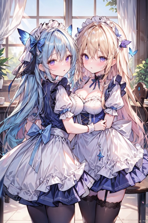  long hair, breasts, blush, open mouth, bangs, multiple girls, blonde hair, thighhighs, dress, bow, holding, 2girls, cleavage, medium breasts, blue hair, purple eyes, pink hair, short sleeves, frills, alternate costume, indoors, apron, wrist cuffs, maid, maid headdress, box, gift, maid apron, enmaided, waitress, bow-shaped hair, cafe, menu, lumine \(genshin impact\), sangonomiya kokomi，classroom, blackboad, desk, chair, Windows, light_brown_hair, beautiful_hair, brown_eyes, beautiful_eyes, 1_beautiful_girl, cute_face, beautiful, best_quality, good_anatomy