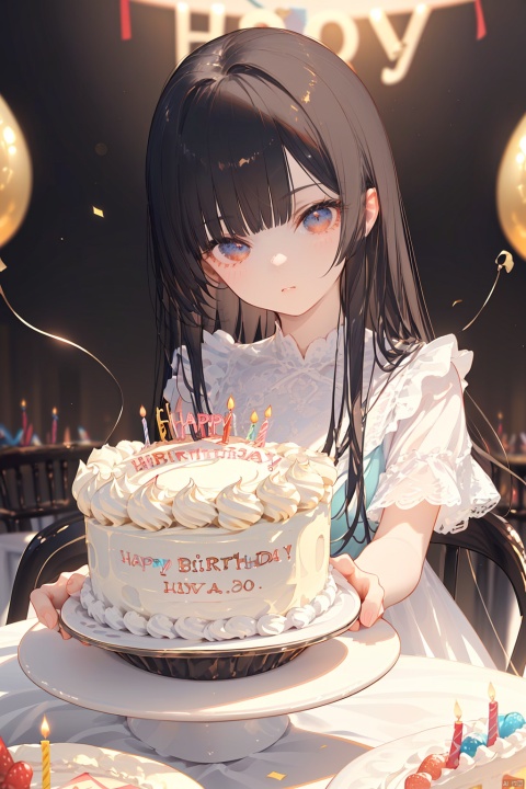 (a cute girl with long black hair with bangs),(holding a birthday cake),(wearing cute party dress),(domineering lighting),(soft focus filter),(depth of field),(cute girl:1.2),(birthday cake:1.4),(black hair:1.3),(long hair:1.3),(fringe bangs:1.2),(party dress:1.2)