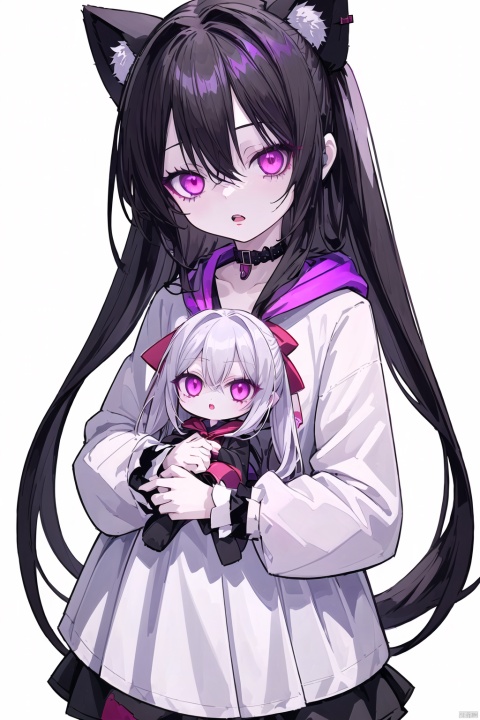 1girl, ame-chan_(needy_girl_overdose), animal_hood, animated, awayuki_(awyk_1), black_hair, bow, brown_background, character_doll, chibi, commentary_request, doll, hair_ornament, hair_over_one_eye, holding, holding_doll, hood, hood_up, hoodie, long_hair, looking_at_viewer, needy_girl_overdose, official_alternate_costume, open_mouth, outline, pill, purple_eyes, purple_hair, rabbit_hood, red_hoodie, solo, twintails, upper_body, video, white_bow, white_outline, x_hair_ornament, autoappealing, autoappealingdb, best quality, masterpiece, nai3