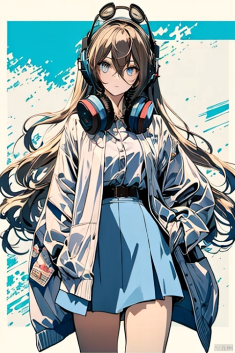 nakano miku, 1girl, solo, headphones around neck, blue eyes, brown hair, skirt, thigh, long hair, hair between eyes, blue cardigan, green skirt, long sleeves, cardigan, thigh